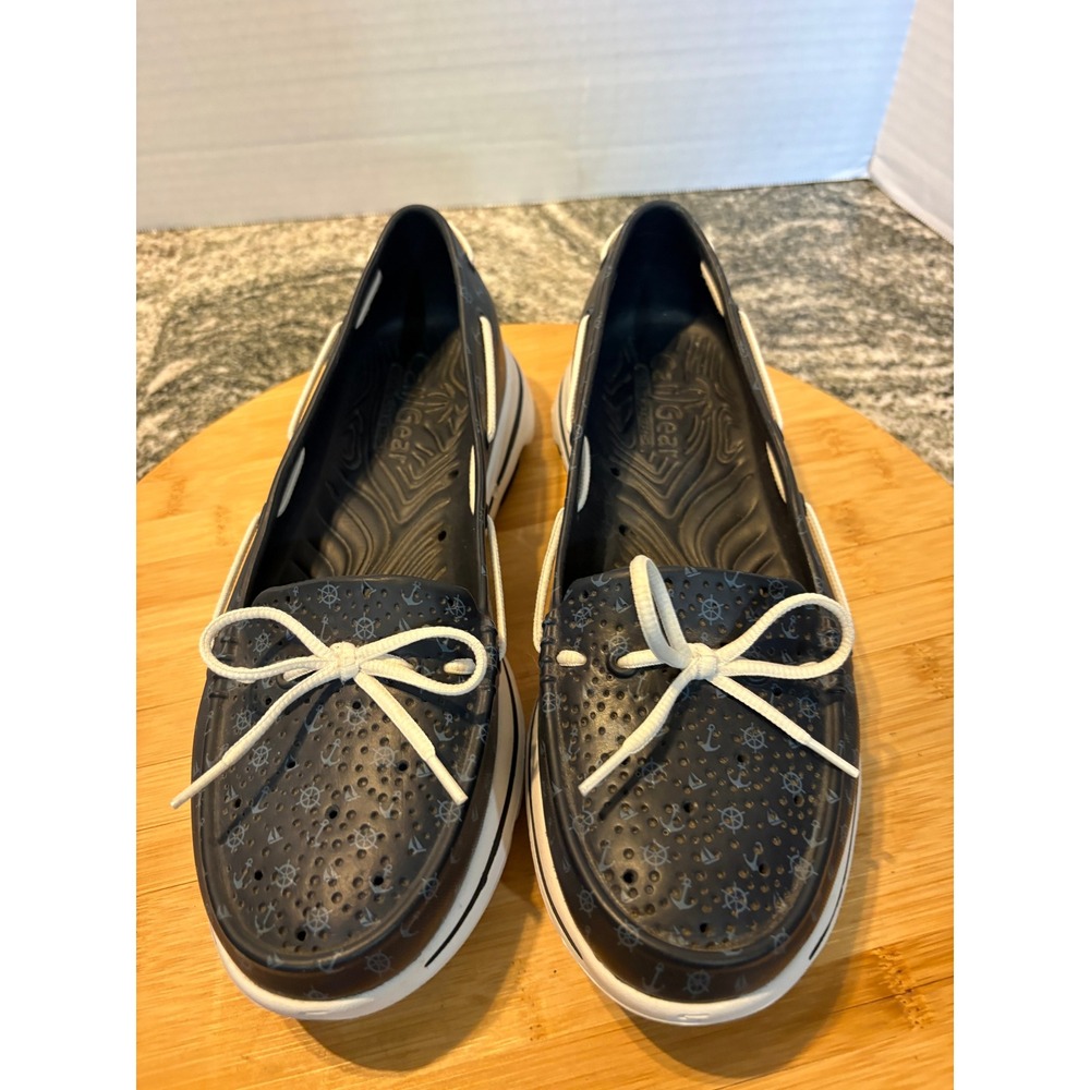 Skechers Cali Gear Go Walk Smart Boat Shoes Navy Nautical Anchor Print Womens 9
